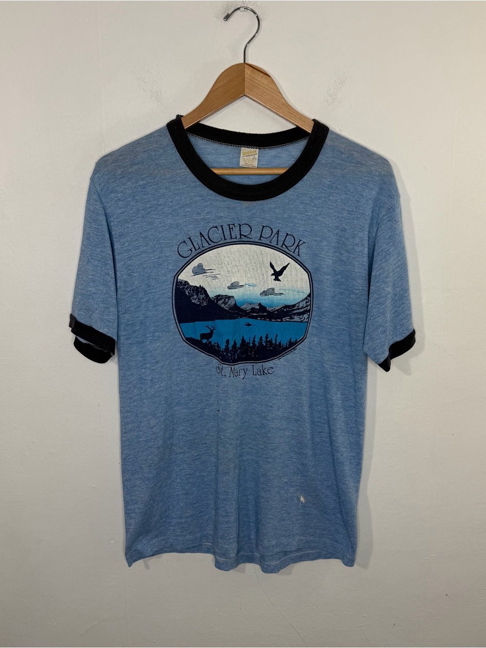 Vintage Sportswear Glacier National Park Mary Lake Blue Ringer Shirt Size Large